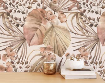 Tropical Wallpaper Neutral Boho Leaves Pattern Removable Wall Mural for Bathroom, Bedroom Decor