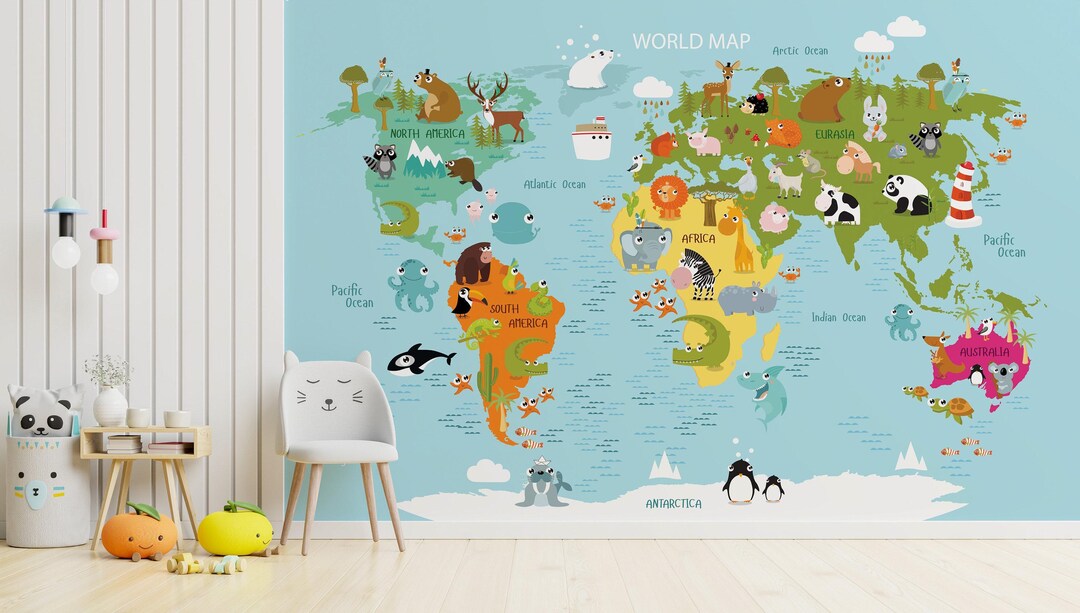 Animal World Map Peel and Stick Wallpaper, Kids Room Map Wall Mural ...