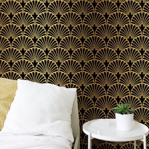 Black and Gold Geometric Wallpaper, Palm Leaf Wallpaper, Pattern Art Deco Wallpaper, 1920s Theme Vinyl Wallpaper, Removable Wallpaper