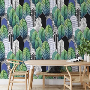 Abstract Palm Green Blue Leaf Wallpaper, Tropical Bathroom Wallpaper, Vinyl Wallpaper Waterproof, Peel & Stick Removable Wallpaper, T044D
