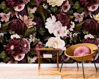 Dark Floral Peel and Stick Wallpaper Burgundy Black Botanical Wall Art