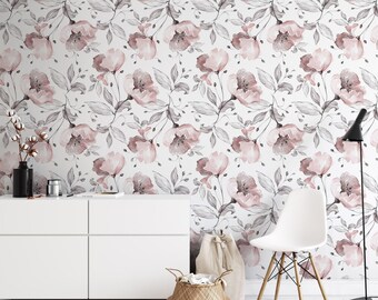 Red Floral Watercolor Wallpaper, Botanical Boho Wall Art (Removable)