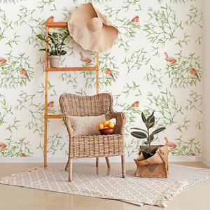 Robin Bird Cardinal Bliss Wallpaper, Vintage Nature Wallpaper, Birds on Branches Charm Wallpaper For Nursery, Living Room Wallpaper Mural