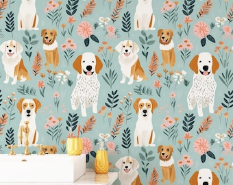 Whimsical Dog Floral Wallpaper, Kids Room Peel and Stick Wall Decor (Vinyl)