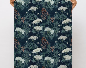 Englische Gartentapete, florale Tapete zum Abziehen und Aufkleben, Wildblumentapete, stimmungsvolle Blumentapete, dunkle botanische Wanddekoration, Vinyl