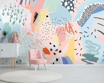 Nursery Wallpaper Colorful Abstract Shapes Peel and Stick Wall Decor Removable