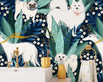 Vintage Dog Wallpaper, Whimsical Chihuahua Puppy Pattern, Removable Nursery Wall Mural