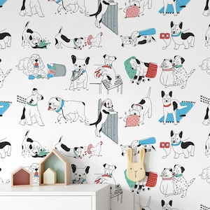 Whimsical Pop Doodle Dog Themed Wallpaper, Peel and Stick Playful Dog Wallpaper, Removable Nursery Dog Wall Decor, Dog Print Wall Mural