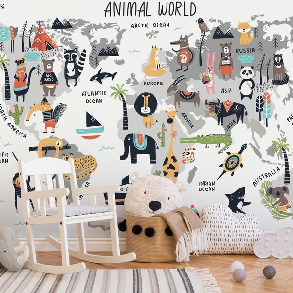 Cute Animal World Map Mural for Kids Room | Adorable Travel-Themed Educational Watercolor Map Removable Wallpaper For Nursery, Playroom