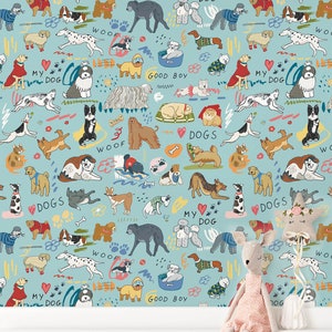 Dog Funny Colorful Seamless Pattern Wallpaper, Cute Animal Drawing Lover Wallpaper, Mixed Breed Dog Wall Mural, Peel and Stick Wallpaper
