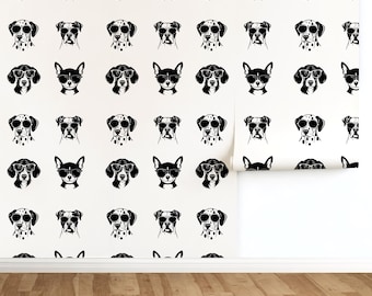 Black and White Dog Face Wallpaper, Modern Animal Peel & Stick Wall Decor