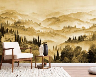 Tuscany Landscape Watercolor Wallpaper, Self-Adhesive Peel and Stick Wall Mural