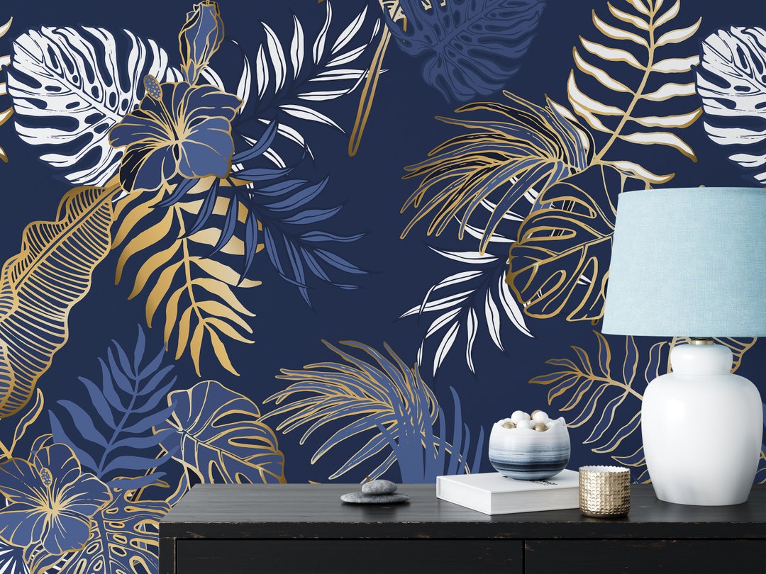 Gold and White Palm Frond Wallpaper, Blue and Gold Leaves Wallpaper