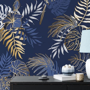 Dark Tropical Golden Blue and White Palm Frond Leaves Modern Palm, Removable Peel and Stick Shelf Adhesive Wallpaper for Livingroom Bedroom