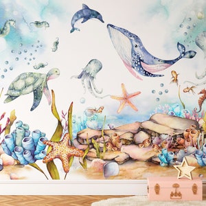 Under the Sea Wall Mural, 3D Sea Life Waterproof Wallpaper, Underwater Wallpaper with Whale Octopus Turtle for Nursery, Peel and Stick Mural