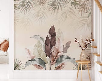 Pastel Botanical Leaf Wall Mural - Tropical Plant Wallpaper for Living Room, Bedroom, or Hallway - Nature-Inspired Home Décor