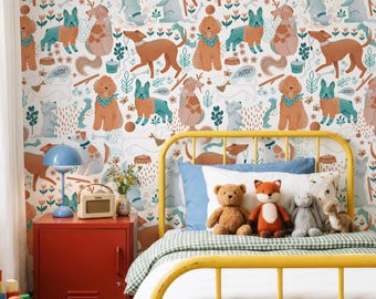Papel pintado de perro para guardería infantil. Papel pintado divertido para habitación de bebé. Papel pintado autoadhesivo de perro para sala de juegos. Papel pintado de perro bonito. Género neutro.