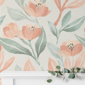 Watercolor Tulip Wallpaper, Pastel Light Green Leaves Abstract Botanical Wallpaper Peel and Stick Removable, Romantic Wallpaper, AF041