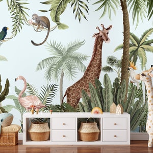 Jungle Safari Animals Wallpaper with Tropical Forest Animal Mural Wall Cover Roll of Flamingo Giraffe Monkey for Kids Room Playroom