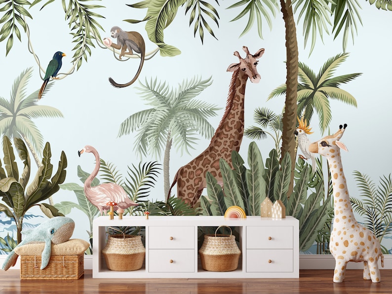 Jungle Safari Animals Wallpaper with Tropical Forest Animal Mural Wall Cover Roll of Flamingo Giraffe Monkey for Kids Room Playroom