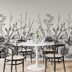 Peel and Stick Botanical Wallpaper, Removable Vintage Floral Wallpaper for Kitchen, Wildflower Black White Mural, Custom Temporary Wallpaper