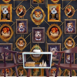 Classy Dog Wallpaper, Renaissance Dog Theme Nursery Wallpaper, Royal Pet Portrait Funk Wallpaper, Peel and Stick Wallpaper, Pet Wallpaper