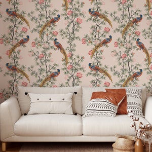 Peacock Creme Wallpaper | Chinoiserie Flowers and Exotic Birds Removable Wallpaper for Living Room, Bedroom | Vinyl Wall Art, Floral Design