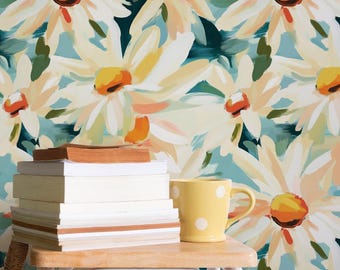 Bohemian Floral Watercolor Wallpaper Blue Yellow Botanical Wall Mural Removable