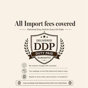 May include: A graphic featuring the text All Import fees covered and Delivered Duty Paid for Every US Order. A central shield icon contains the text DELIVERED DDP DUTY PAID GUARANTEE. Three circular icons with text follow, ending with a rectangular box.