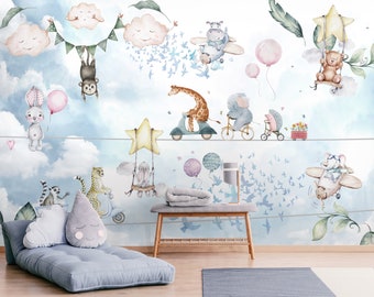 Blue Clouds and Animals Mural Wallpaper, Removable Waterproof Kids Bedoom Decor, Colorful Nursery & Toddler Peel and Stick Wallpaper