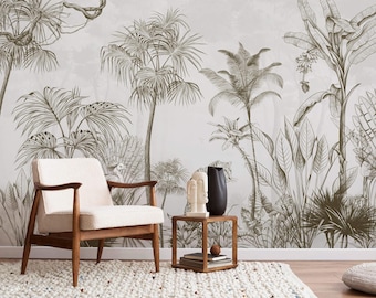 Vintage Botanical Wallpaper Mural, Sepia Palm Leaf Jungle Design