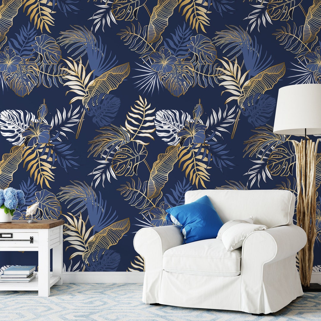 Modern Tropical Peel and Stick Wallpaper Luxury Blue Wallpaper for