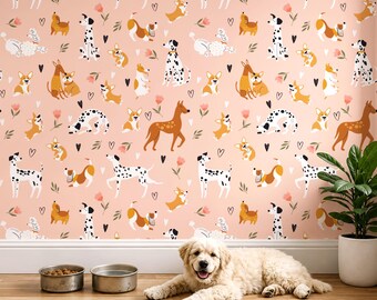 Whimsical Dog Wall Paper Dachshund Wallpaper Storybook Nursery Wallpaper Blush pink Wall Paper Cute Animal Wall Decor for Kids Playroom