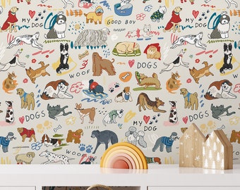 Mixed Breed Colorful Dog Drawing Wall Stricker | Kids Room Self Adhesive, Peel and Stick Wallpaper, Pre-Pasted Wall Mural | Home Decor Vinyl