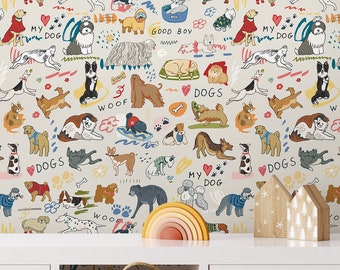 Mix Breed Dog Wallpaper, Peel & Stick Dog Mural, Bright Color Wallpaper, Cartoon Dog Wallpaper, Kids Animal Wallpaper Living Room Wall Decor