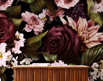 Dark Floral Peony Wallpaper, Vintage Botanical Peel and Stick Mural