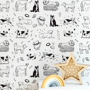 Black and White Dog Wallpaper for Kids’ Room, Pet Sketch Wall Art for Dog Lovers, Boys’ Room, Nursery Decor Wall Mural, Peel and Stick