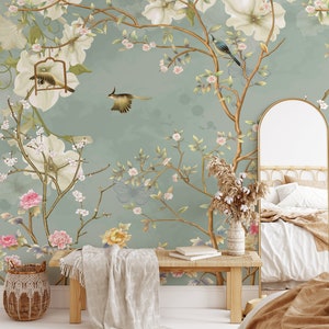 Blue Chinoiserie Wallpaper, Chinoiserie Peel and Stick wallpaper, Beautiful Asian Garden Wallpaper with Flower Branches and Birds, AF005D