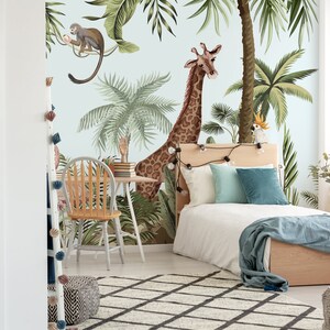 Jungle Safari Animals Wallpaper with Tropical Forest Animal Mural Wall Cover Roll of Flamingo Giraffe Monkey for Kids Room Playroom