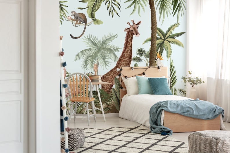 Jungle Safari Animals Wallpaper with Tropical Forest Animal Mural Wall Cover Roll of Flamingo Giraffe Monkey for Kids Room Playroom