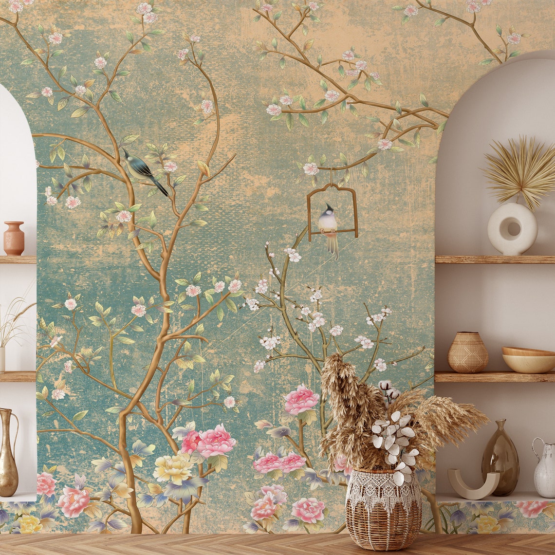 Peel and Stick Floral Chinoiserie Wallpaper Home Decor Roses | Etsy