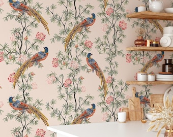 Papel pintado de estilo chinoiserie con pájaros, mural floral vintage, decoración autoadhesiva.