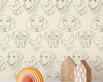 Dog Face Wallpaper | Hand Drawn Animal Nursery Mural (Peel and Stick)