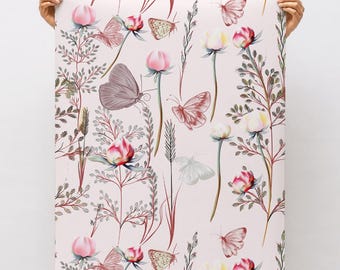 Wildblumentapete, florale selbstklebende Tapete, neutrale Tapete, Schmetterlingstapete, Wanddekoration im Mid-Century-Modern-Stil für Schlafzimmerwände
