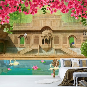 Beautiful Palace Indian Themed Wallpaper | Scenic Landscape Removable Wallpaper For Bedroom, Living room | Vintage Birds and Animal Art Deco