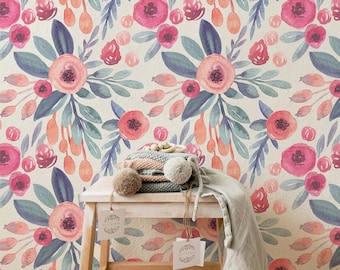 Pink Floral Peel and Stick Wallpaper  Watercolor Blooms Removable Nursery Decor