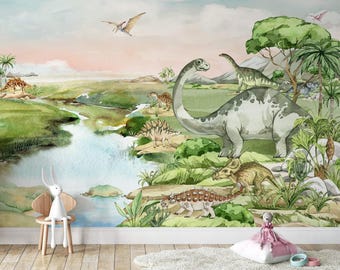 Watercolor Dinosaur Wallpaper Mural Jurassic World Kids Room Decor