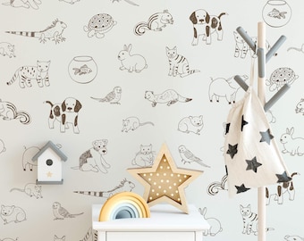 Pet Animal Line Art Wallpaper, Kids Nursery Peel and Stick Mural