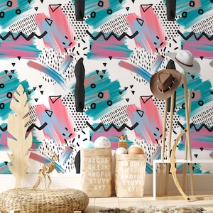 Vibrant Blue Wallpaper, Retro Funky Wallpaper for Living Room, Vintage 80s Geometric Wallpaper, Waterproof Peel Stick Wallpaper, Home Decor