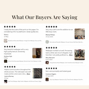 May include: A customer review graphic titled What Our Buyers Are Saying, featuring six five-star reviews with customer names, dates, and small thumbnail images of various floral, dinosaur, and dark botanical patterned wallpaper designs.